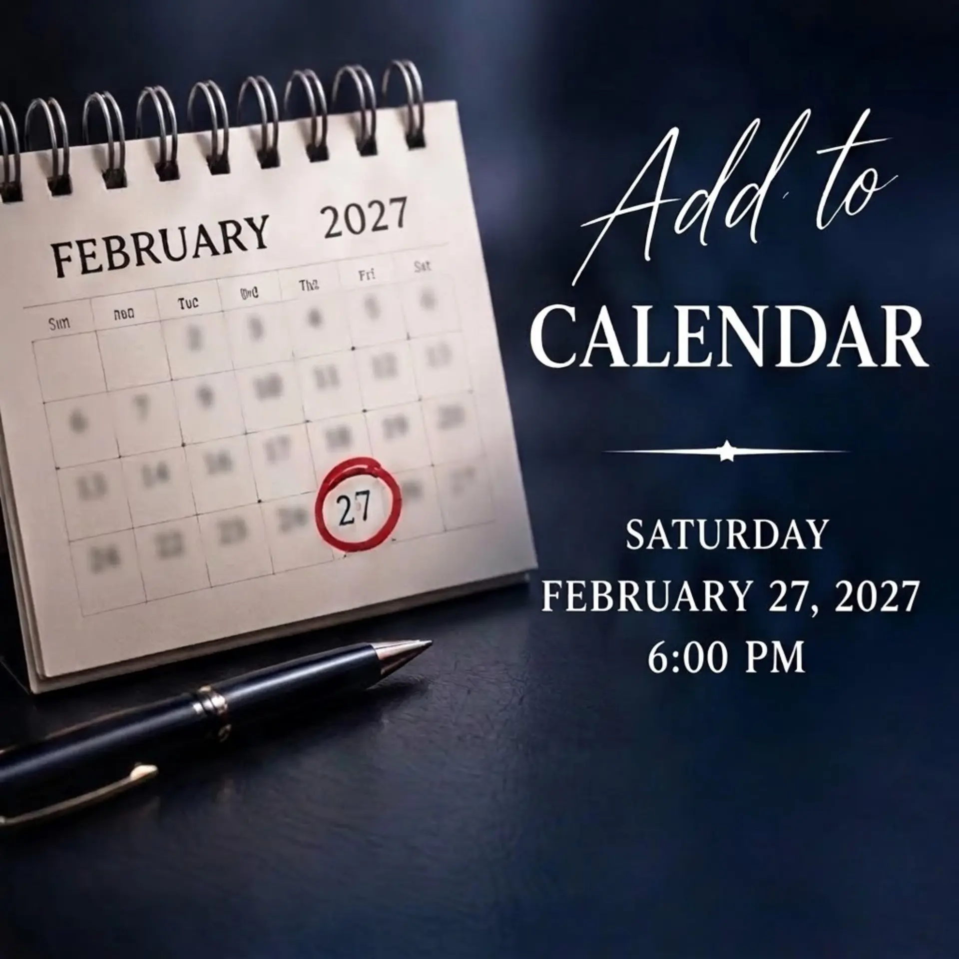 Calendar marked for Saturday February 27 2027 at 6:00 PM