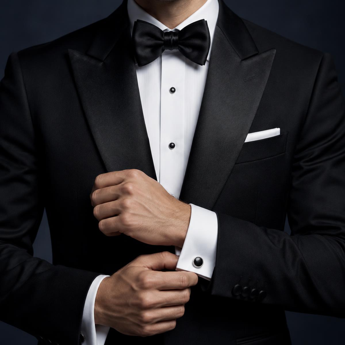 Tailored black tuxedo and bow tie